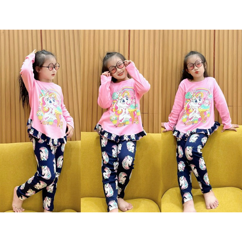 Đồ bộ dài tay thu đông bé gái thun cotton xuất dư