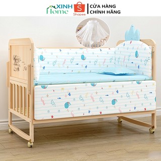 Nôi cũi giường gỗ 2 tầng phong cách hiện đại (Tặng kèm đệm+ gối+ màn), điều chỉnh độ cao, gấp gọn di chuyển được.