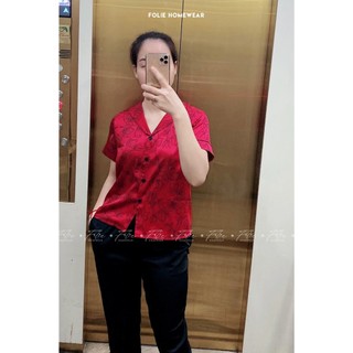 [Folie Homewear chính hãng]  Set đồ ngủ nữ FOLIE FB36.2 màu đỏ đen quyến rũ,  lụa crepe có bóng mờ tạo sự sang trọng