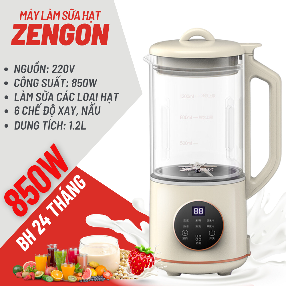Máy làm sữa hạt ZENGON - Dung tích 1200ml - 6 chế độ - Máy nấu sữa hạt mini Zengon - Tặng kèm dao bào rau
