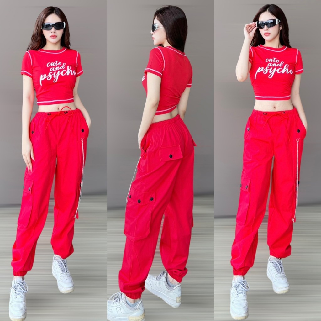 Quần jogget kaki phối dây kết hợp áo croptop tập Aerobic, Zumba, dân vũ, biểu diễn _Lulushop