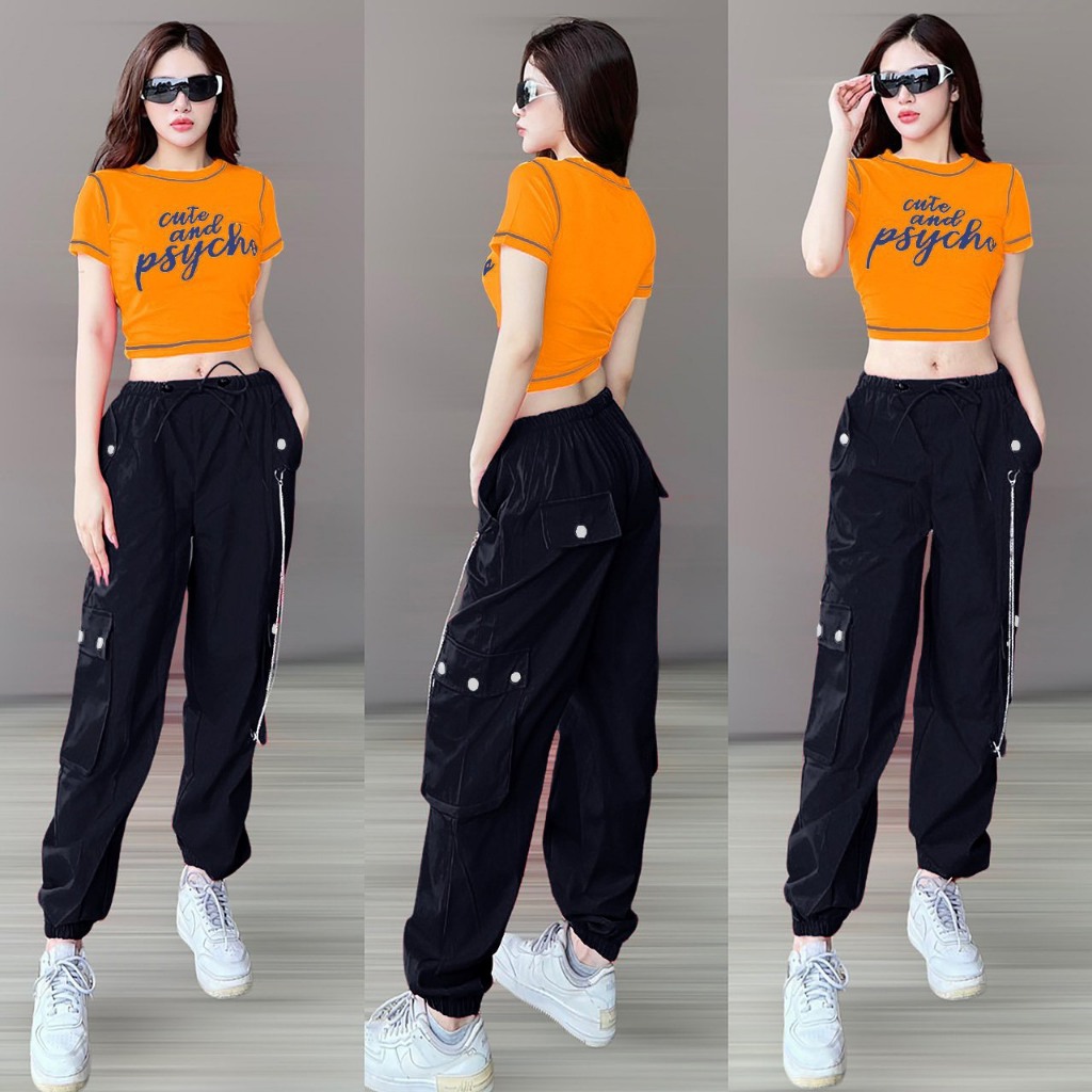 Quần jogget kaki phối dây kết hợp áo croptop tập Aerobic, Zumba, dân vũ, biểu diễn _Lulushop