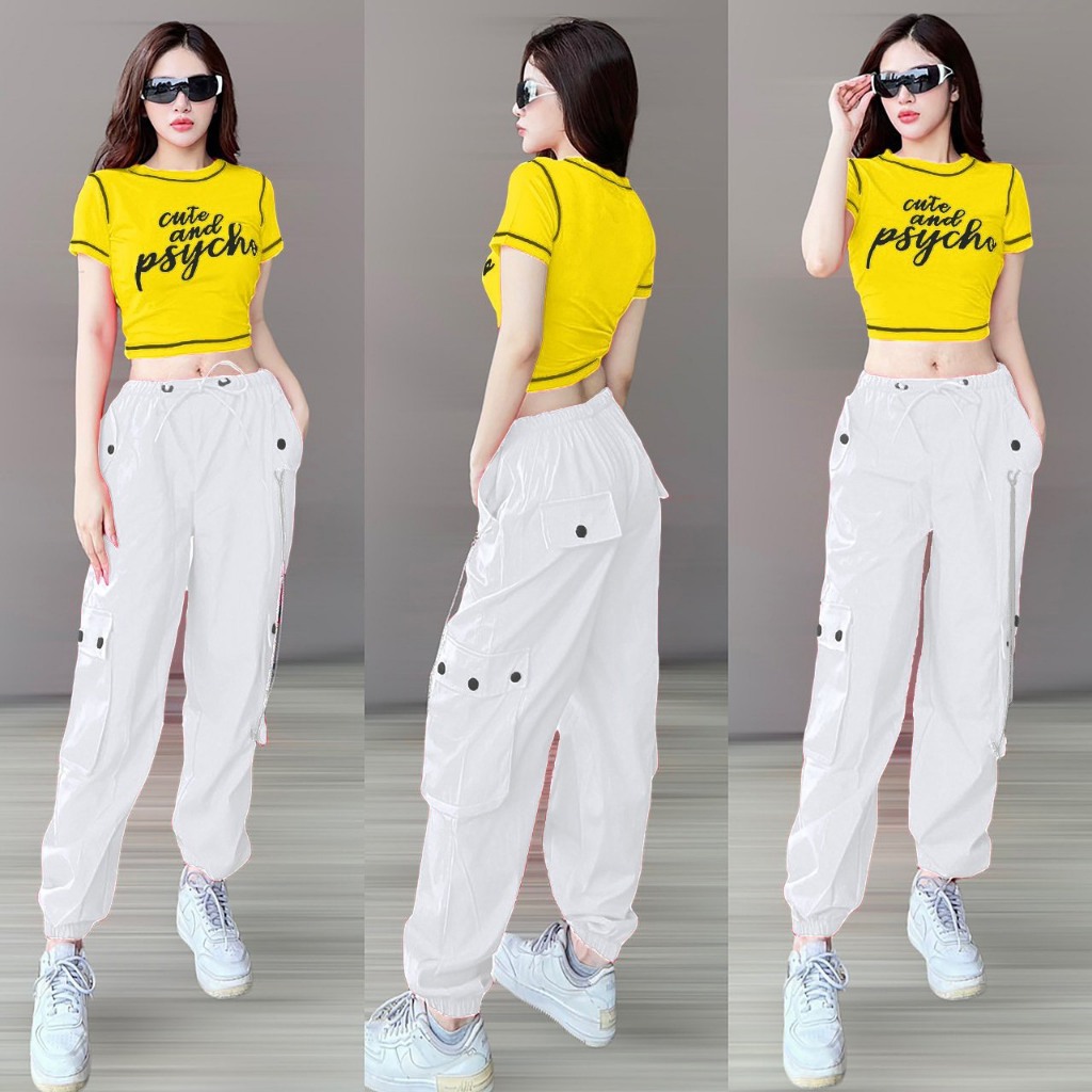 Quần jogget kaki phối dây kết hợp áo croptop tập Aerobic, Zumba, dân vũ, biểu diễn _Lulushop