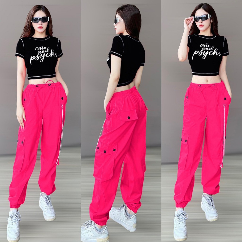 Quần jogget kaki phối dây kết hợp áo croptop tập Aerobic, Zumba, dân vũ, biểu diễn _Lulushop