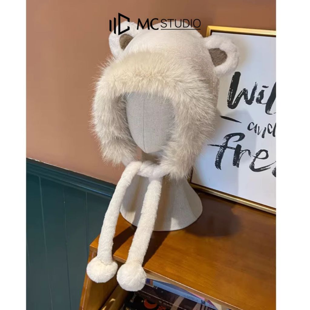 Mũ Len Gấu Má Hồng JML17 Mc Mr & Mrs Cap Kèm Dây Quai Tròn Dễ Thương Giữ Ấm Chất Lông Dày Mịn Hot Trend