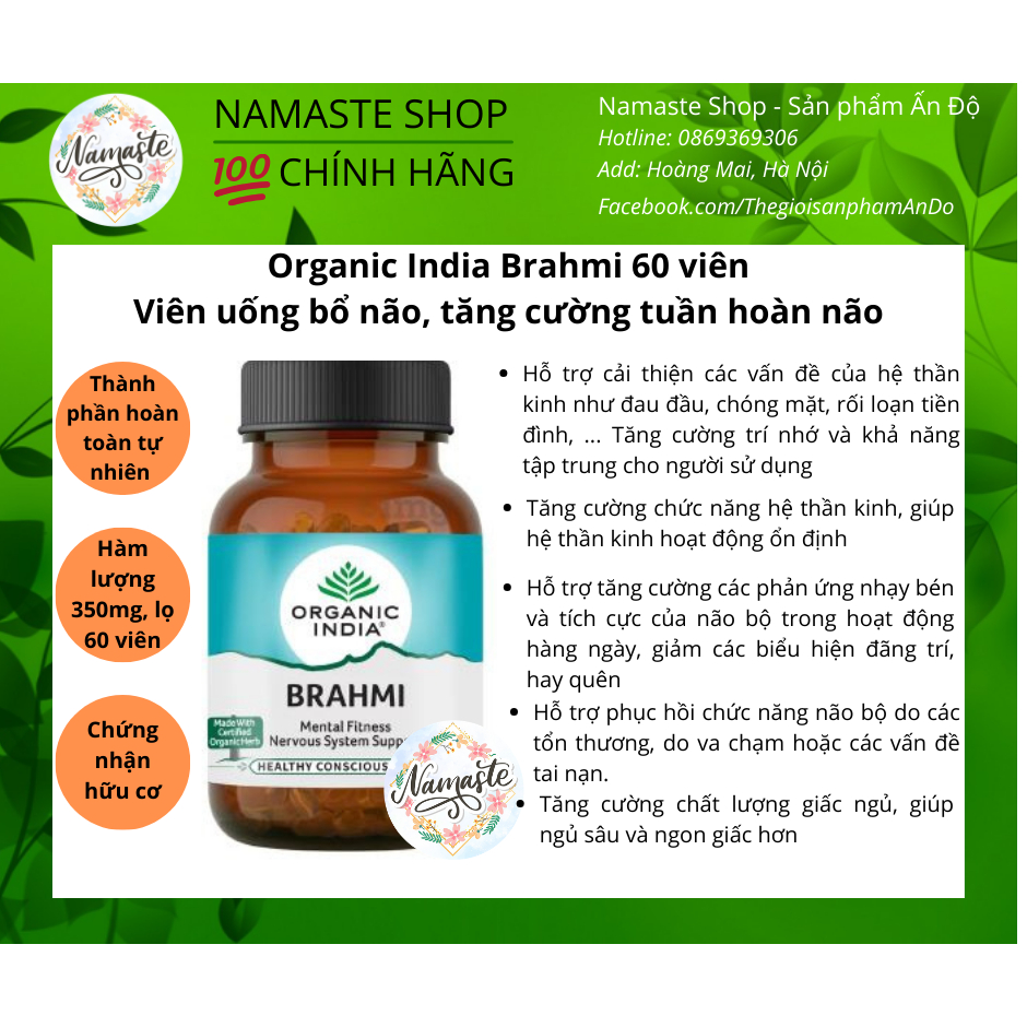 Organic India Brahmi - Viên Uống Bổ Não, Tăng Cường Tuần Hoàn Não