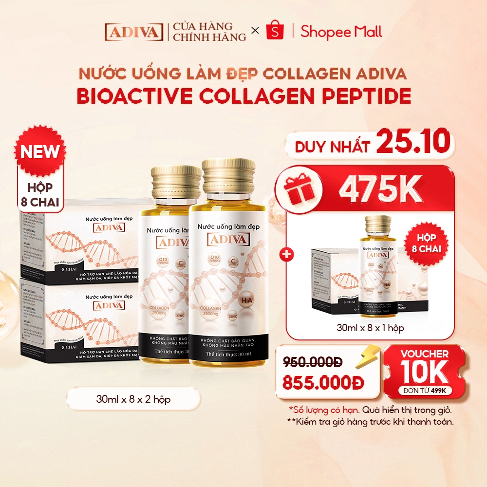 Combo 2 Hộp Nước Uống Làm Đẹp Collagen ADIVA (8 Chai/Hộp)- Giúp Làn Da Săn Chắc, Ảm Mịn Và Căng Bóng