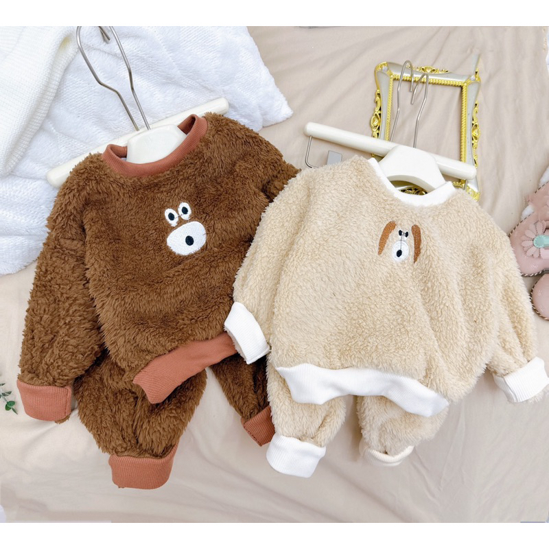 Quần áo thu đông cho bé, set bộ lông 2 mặt hình gấu ấm áp, nền mại cho bé trai và bé gái size 7-18kg