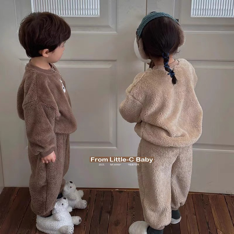 Quần áo thu đông cho bé, set bộ lông 2 mặt hình gấu ấm áp, nền mại cho bé trai và bé gái size 7-18kg