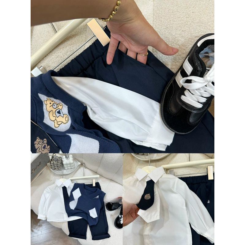 Đồng phục học sinh, set 4ct: áo sơ mi trắng, cà vạt, chân váy xếp ly và áo len hình thoi cho bé 12-30kg