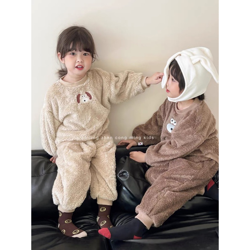 Quần áo thu đông cho bé, set bộ lông 2 mặt hình gấu ấm áp, nền mại cho bé trai và bé gái size 7-18kg