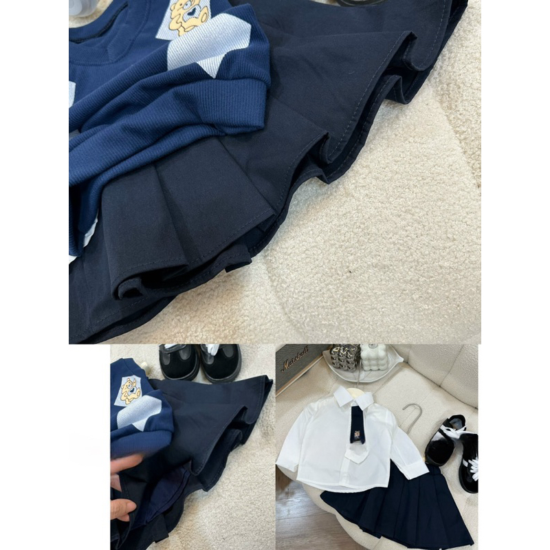 Đồng phục học sinh, set 4ct: áo sơ mi trắng, cà vạt, chân váy xếp ly và áo len hình thoi cho bé 12-30kg