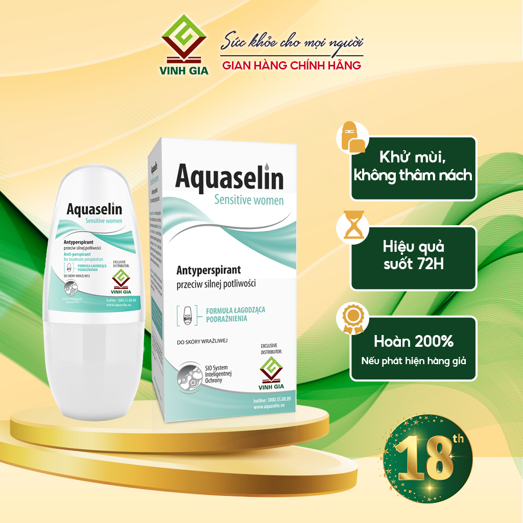 Lăn Khử Mùi Dành Cho Nữ AQUASELIN Intensive Women Giảm Mồ Hôi, Không Ố Vàng Áo, Khô Thoáng, Dưỡng Ẩm 50ml