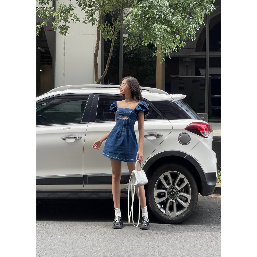 Đầm xanh nữ dáng A mini tay ngắn hở lưng , váy khoét eo cách điệu ôm eo | EVA DRESS | Secodee