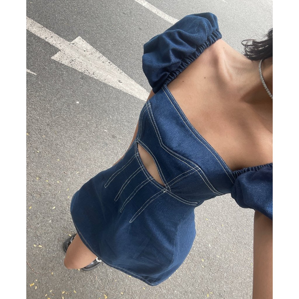 Đầm xanh nữ dáng A mini tay ngắn hở lưng , váy khoét eo cách điệu ôm eo | EVA DRESS | Secodee