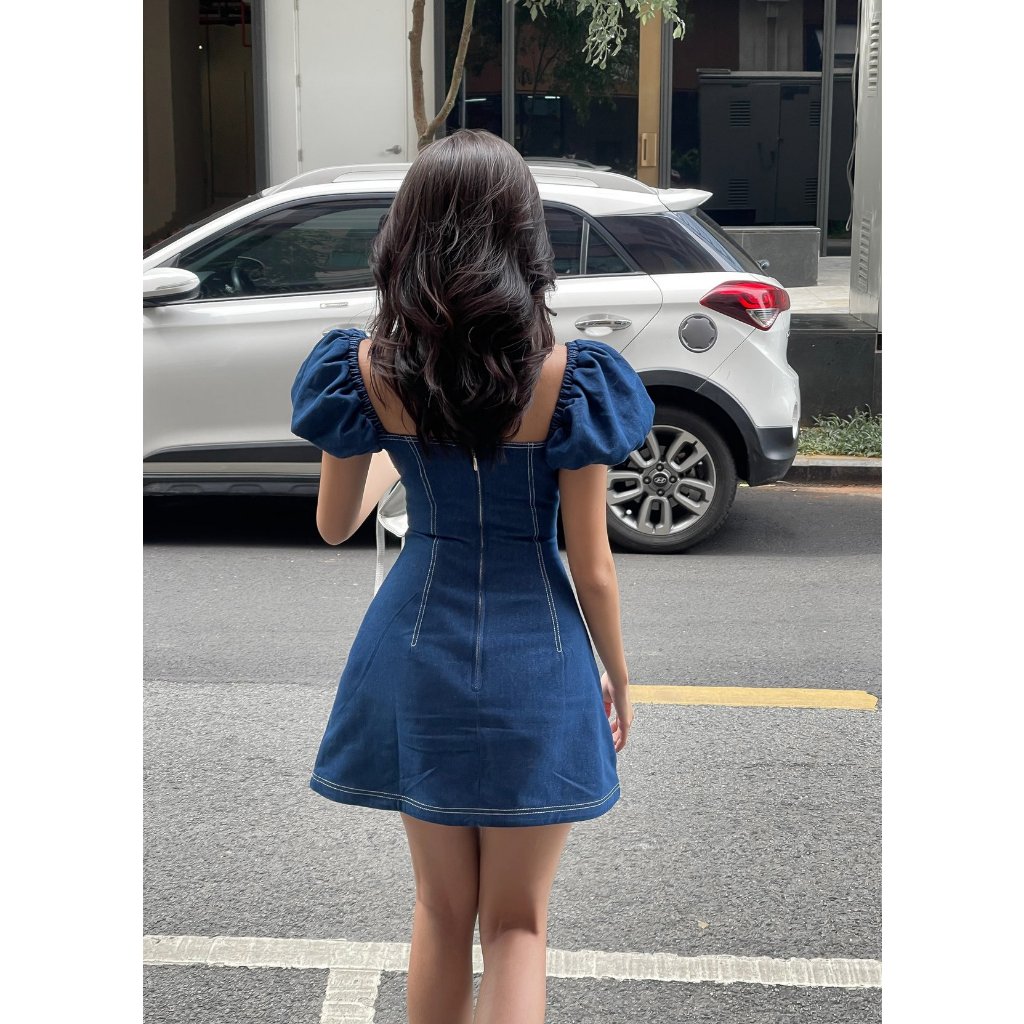Đầm xanh nữ dáng A mini tay ngắn hở lưng , váy khoét eo cách điệu ôm eo | EVA DRESS | Secodee