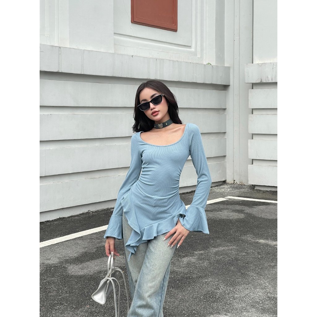 Áo kiểu tay loe dài thiết kế tua rua ,  áo thun body sexy tay loe ôm eo |  EGIRL TOP | Secodee