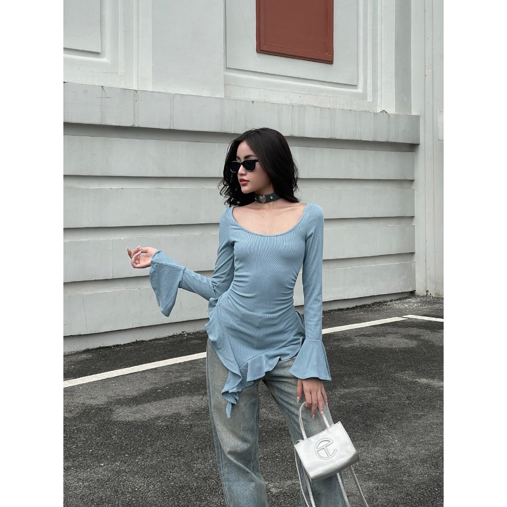 Áo kiểu tay loe dài thiết kế tua rua ,  áo thun body sexy tay loe ôm eo |  EGIRL TOP | Secodee