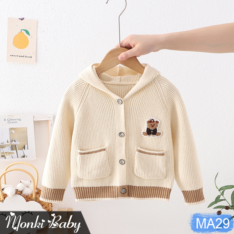 Áo khoác len cardigan dài tay liền mũ bé trai, mẫu cao cấp, chất len dày mịn đẹp, 2 túi trước thời trang, tinh tế | MA29
