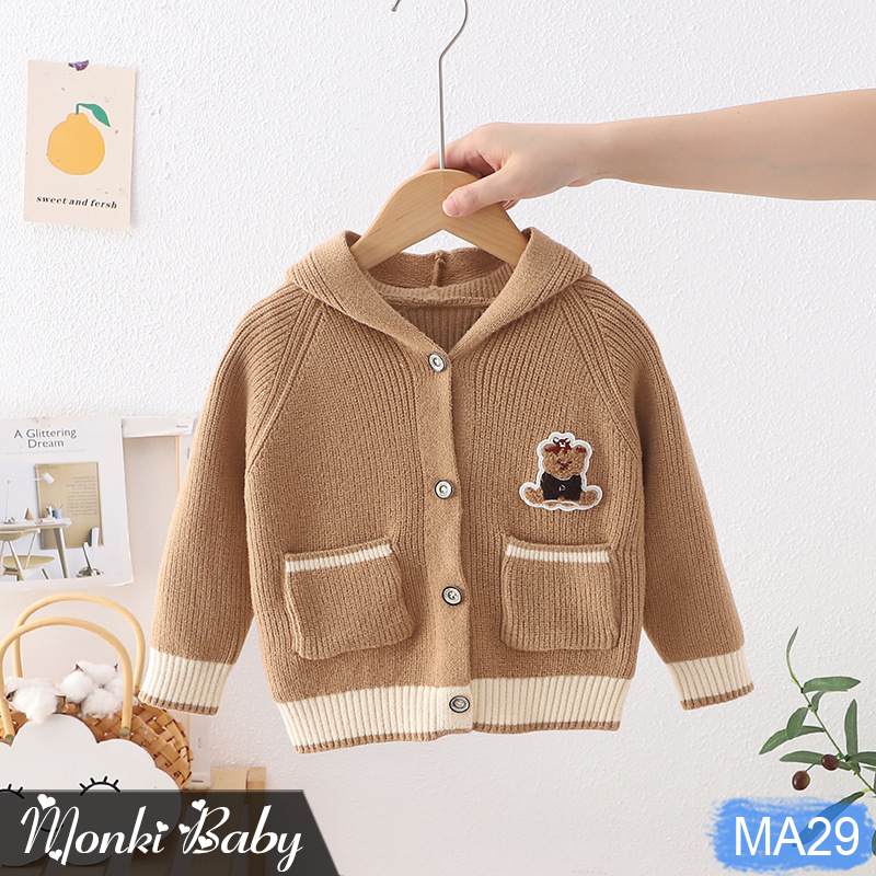 Áo khoác len cardigan dài tay liền mũ bé trai, mẫu cao cấp, chất len dày mịn đẹp, 2 túi trước thời trang, tinh tế | MA29