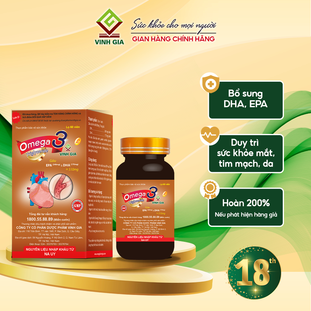 Viên Uống Hỗ Trợ Tim Mạch Omega 3 VINH GIA 2 Giàu EPA, DHA Tăng Cường Sức Khoẻ, An Toàn, Hiệu Quả Hộp 60 Viên 01O002