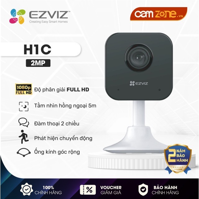 Camera IP Wifi Trong Nhà Ezviz Cố Định C1C-B/H1C 2MP 1080P - Góc nhìn rộng 130 độ, Chuẩn nén H265, Đàm thoại 2 chiều