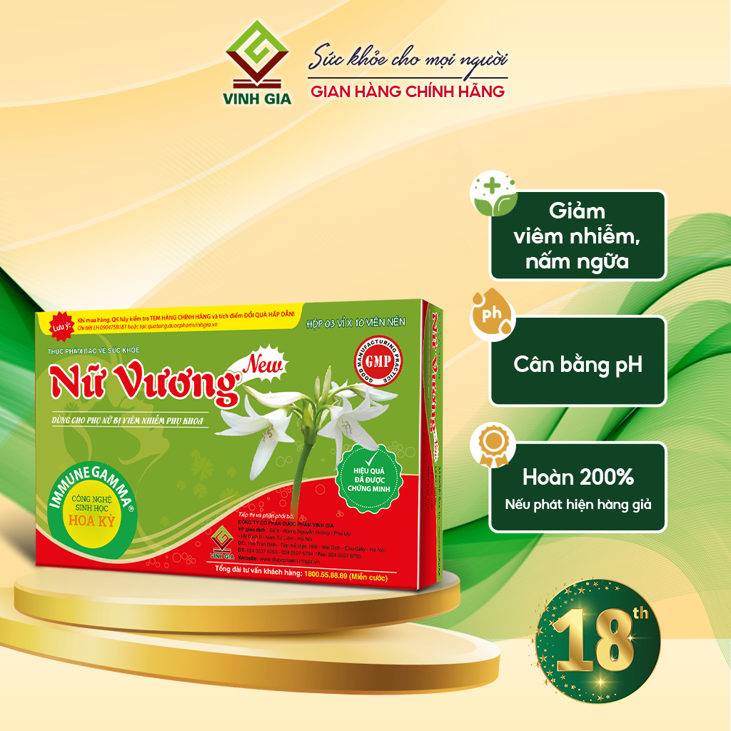 Nữ Vương New Vinh Gia Hỗ Trợ Cân Bằng PH Vùng Kín, Giảm Khí Hư, Ngứa Vùng Kín, Phòng Ngừa Các Bệnh Phụ Khoa Hộp 30 Viên