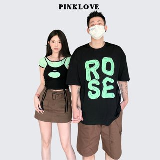 Áo phông đôi nam nữ set đồ đôi áo thun cặp mùa hè PINKLOVE dáng croptop màu đen chữ xanh lá P098