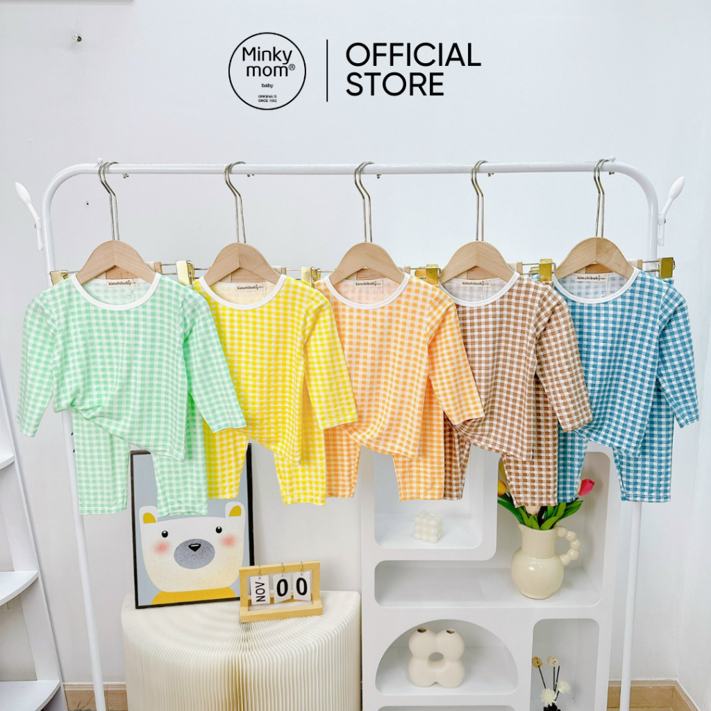 Đồ Bộ Cho Bé Trai, Bé Gái KIMCHIBABY Vải Thun Lạnh Hoạ Tiết Kẻ Caro Cổ Viền, Bộ Dài Tay Cho Bé Mặc Nhà Thu Đông KCTD319