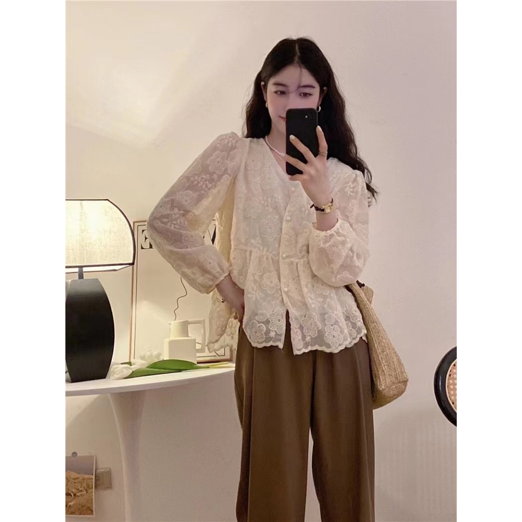Áo sơ mi nữ ren cổ V dài tay thời trang thu đông 2023- 602