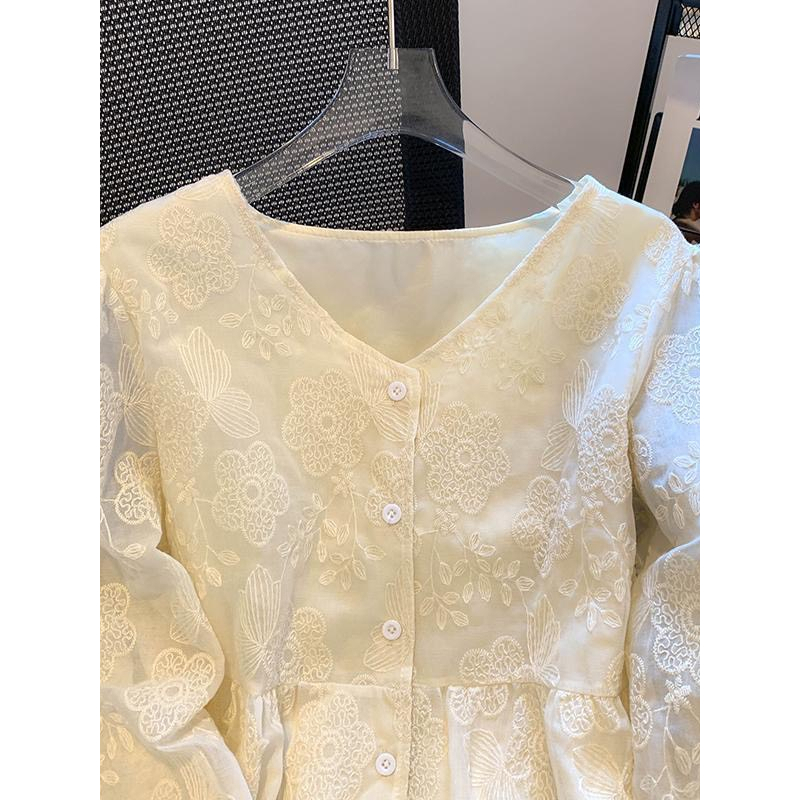 Áo sơ mi nữ ren cổ V dài tay thời trang thu đông 2023- 602