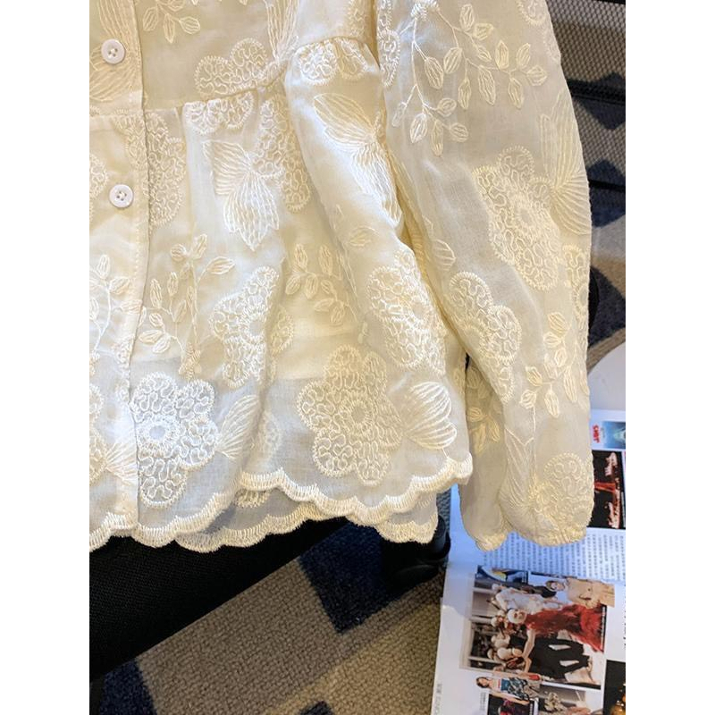 Áo sơ mi nữ ren cổ V dài tay thời trang thu đông 2023- 602