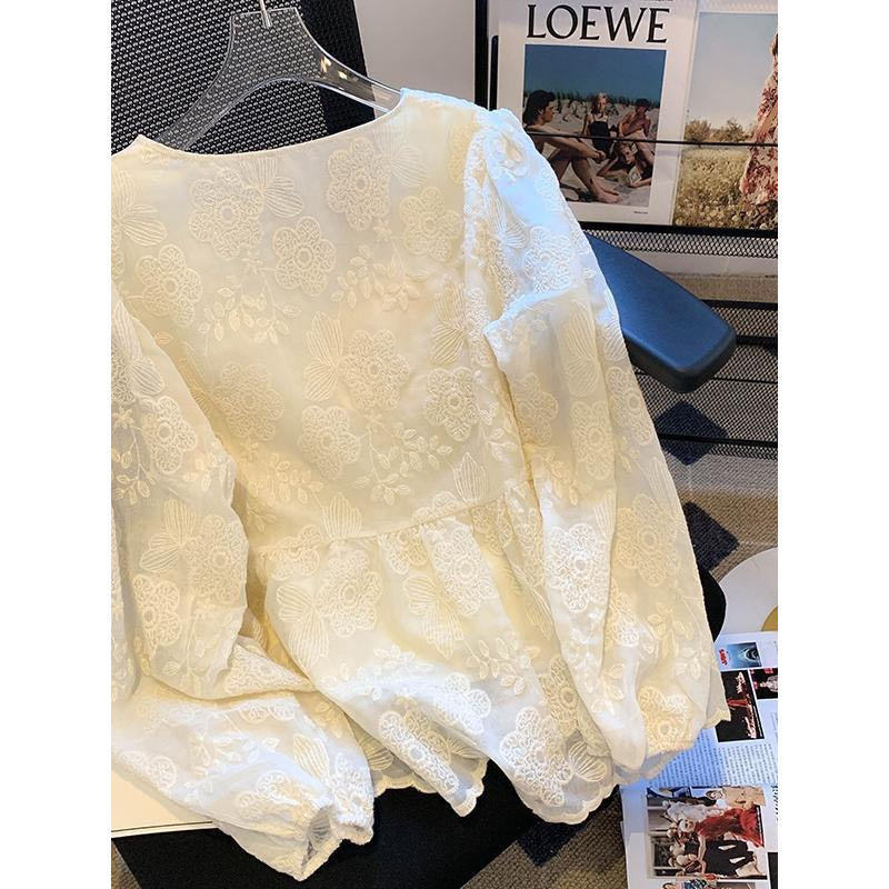 Áo sơ mi nữ ren cổ V dài tay thời trang thu đông 2023- 602