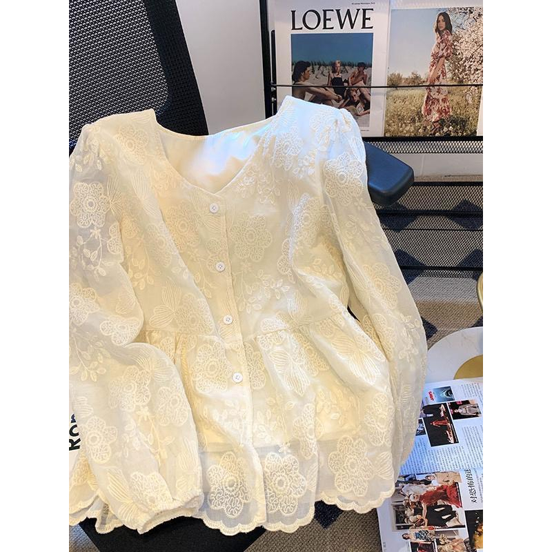 Áo sơ mi nữ ren cổ V dài tay thời trang thu đông 2023- 602