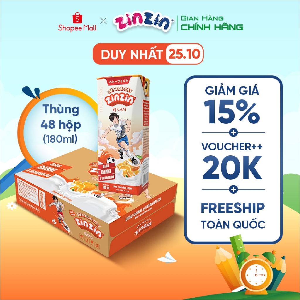 Thùng 48 hộp Sữa trái cây ZinZin vị cam 180ml - Siêu ưu đãi