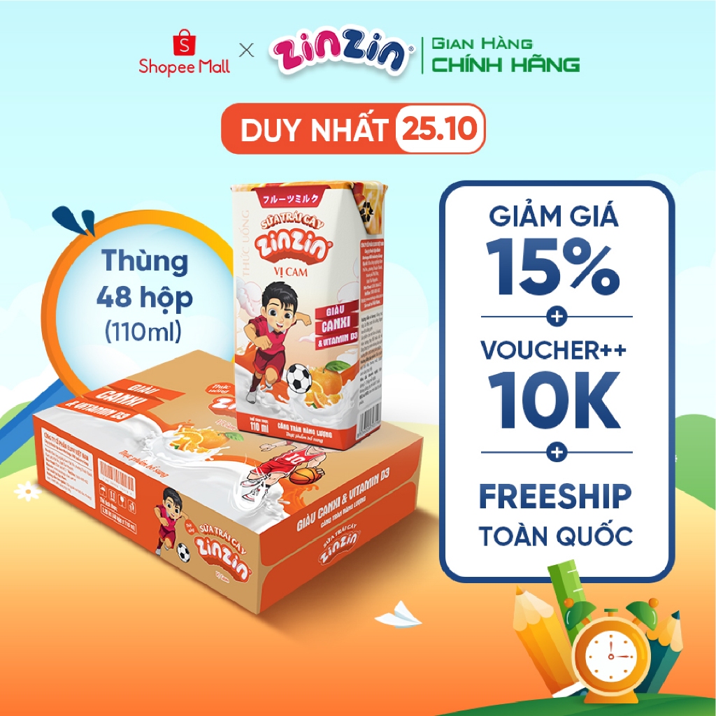 Thùng 48 hộp Sữa trái cây ZinZin vị cam 110ml