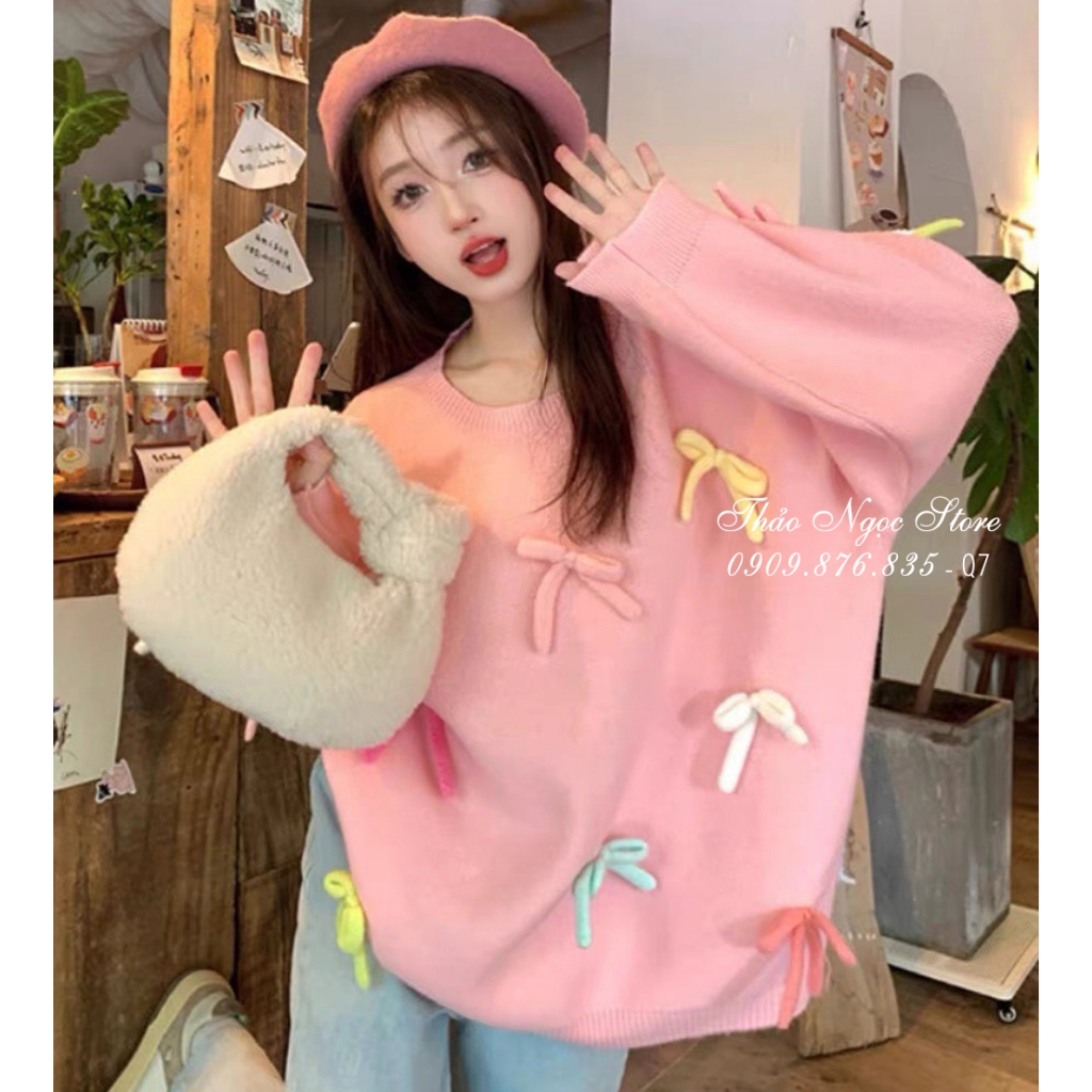 Áo len nữ tay dài form rộng đính nơ hàng nhập!  THẢO NGỌC STORE