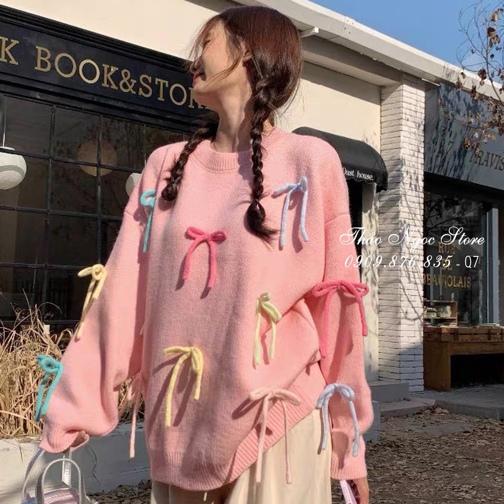 Áo len nữ tay dài form rộng đính nơ hàng nhập!  THẢO NGỌC STORE