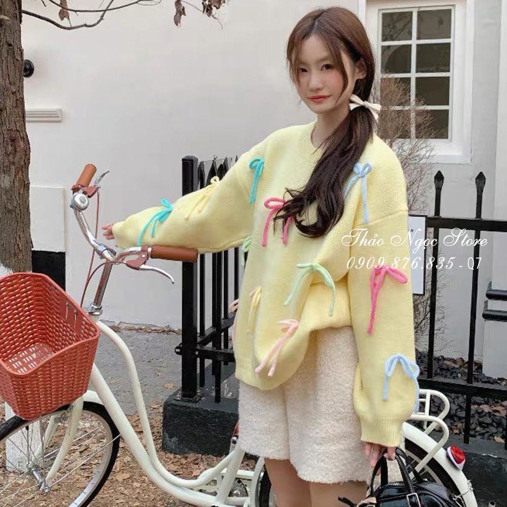 Áo len nữ tay dài form rộng đính nơ hàng nhập!  THẢO NGỌC STORE