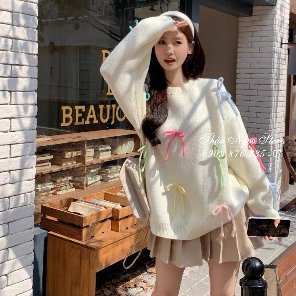 Áo len nữ tay dài form rộng đính nơ hàng nhập!  THẢO NGỌC STORE