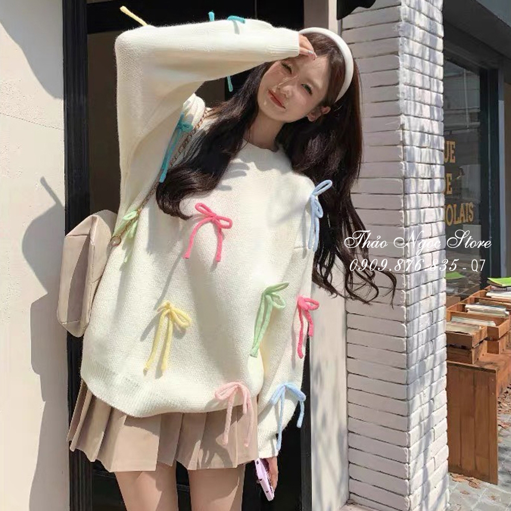 Áo len nữ tay dài form rộng đính nơ hàng nhập!  THẢO NGỌC STORE