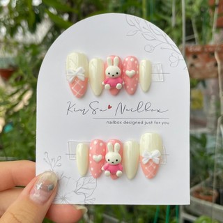 Nailbox hồng trắng sữa charm thỏ cute
