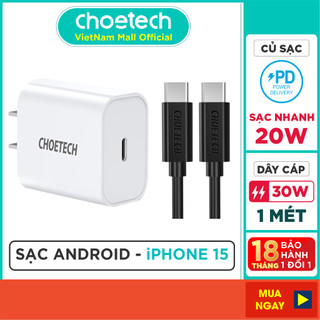 Bộ Củ Sạc CHOETECH PD 3.0 20W PD5005-W + Cáp Type C to C 1M 30W CC0002-V2 Chuyên Sạc Nhanh 18-20W - Hàng Chính Hãng