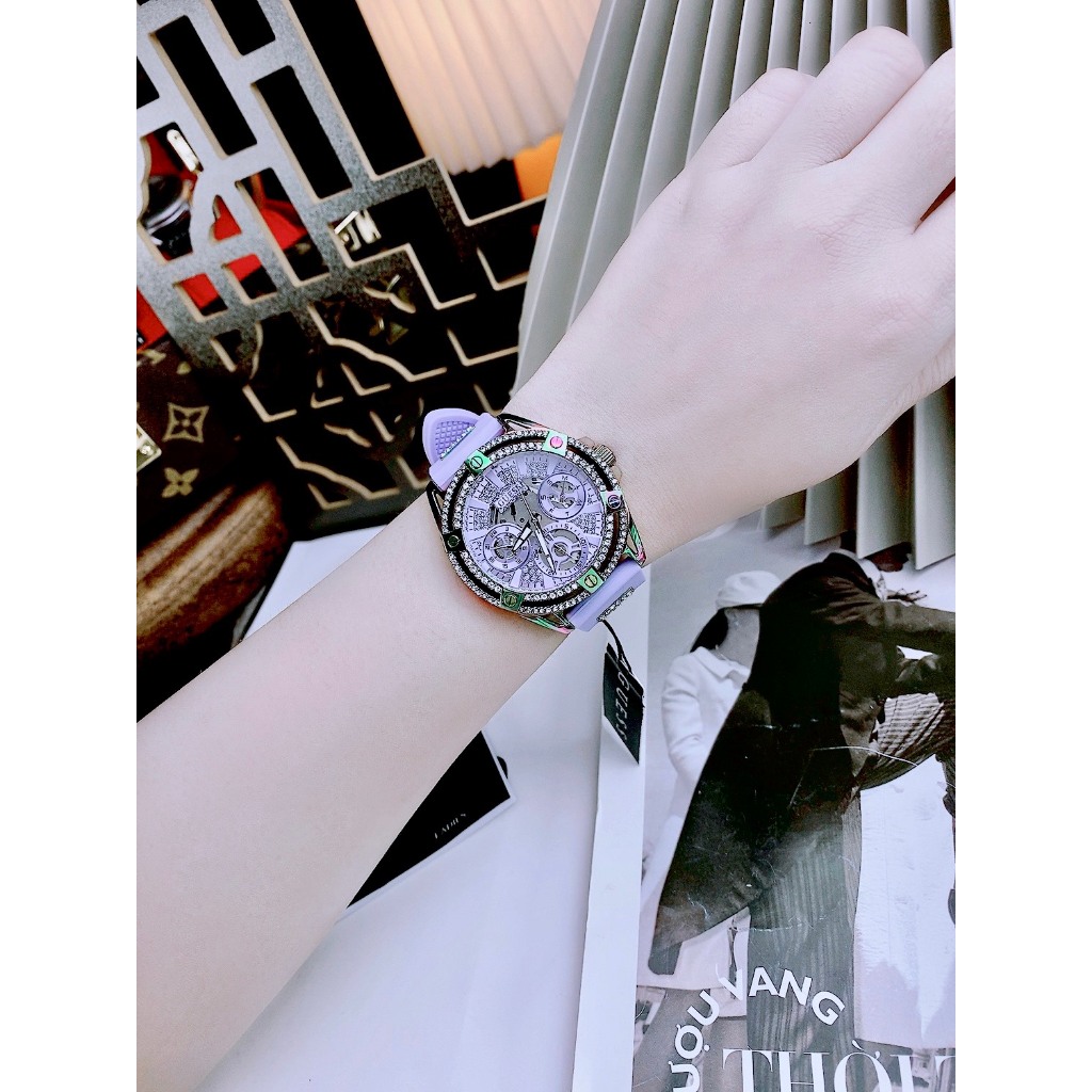 Đồng Hồ Nữ Guess QUEEN GW0536L4 Màu Tím Vỏ Đính Hạt - Dây Silicon - Size 39mm