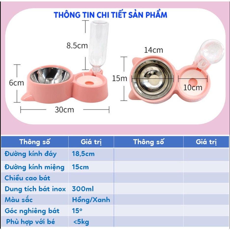Bát ăn cho thú cưng hai ngăn đôi có bát inox, khay, bình nước tự động 500ml