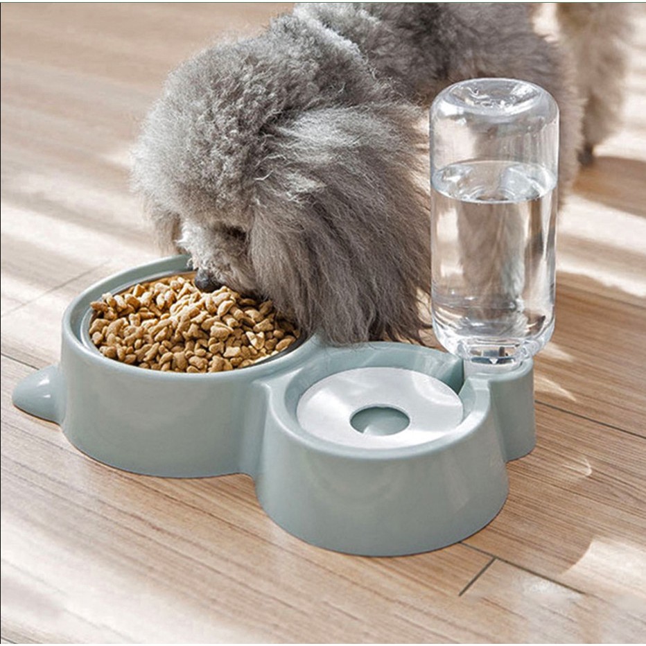 Bát ăn cho thú cưng hai ngăn đôi có bát inox, khay, bình nước tự động 500ml