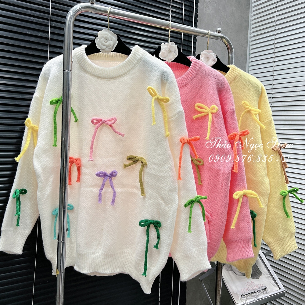 Áo len nữ tay dài form rộng đính nơ hàng nhập!  THẢO NGỌC STORE
