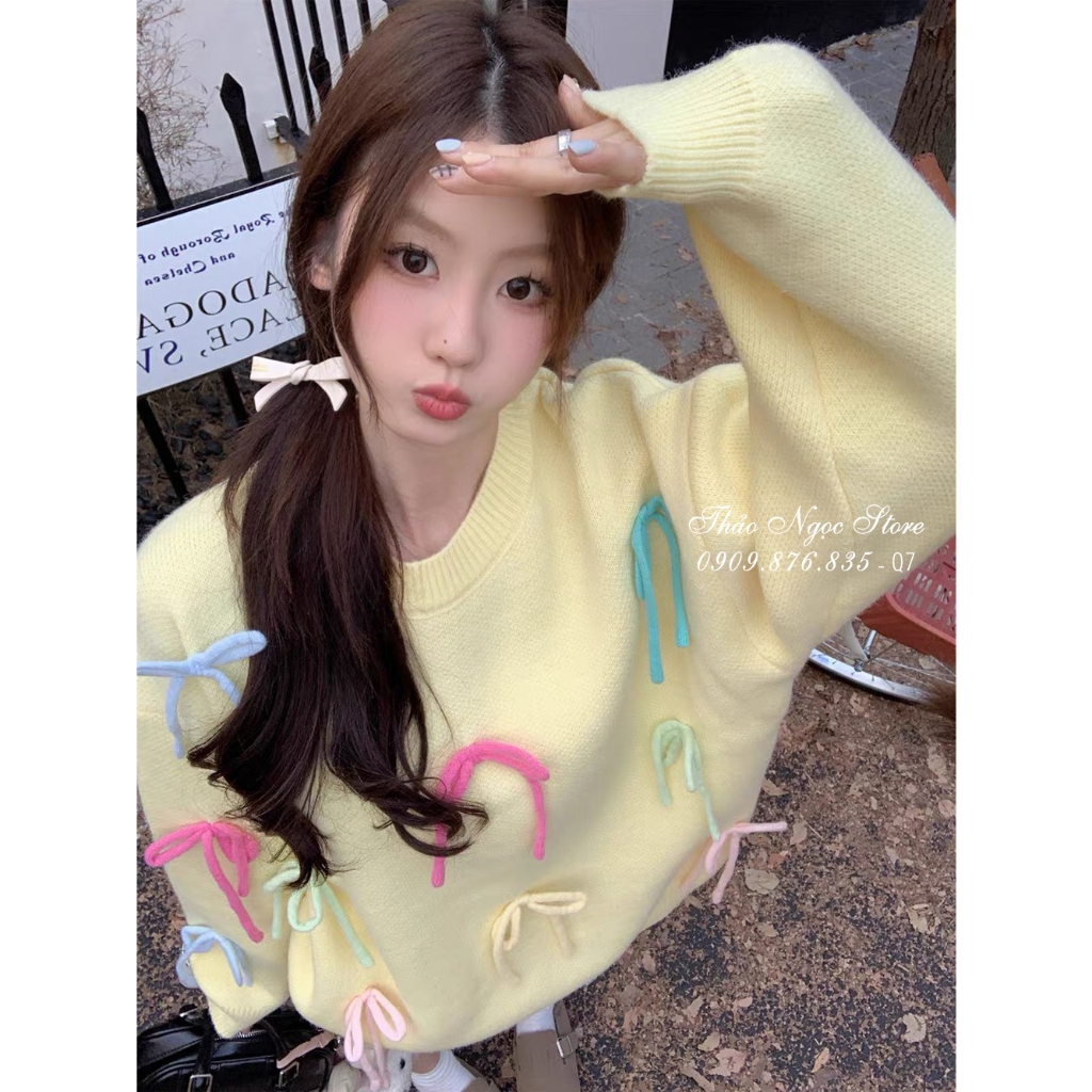 Áo len nữ tay dài form rộng đính nơ hàng nhập!  THẢO NGỌC STORE