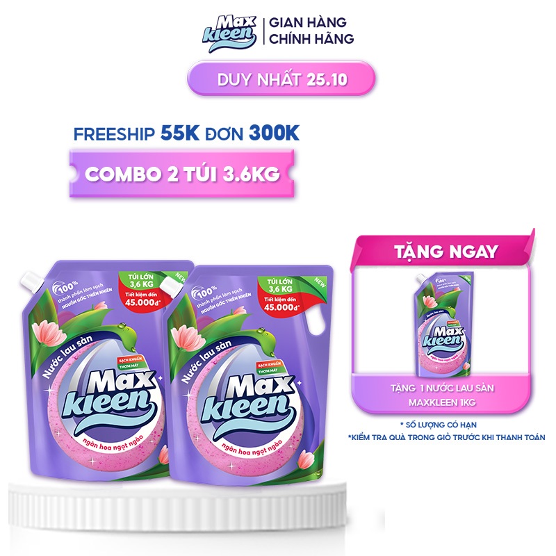 Combo 2 Túi Nước Lau Sàn MaxKleen hương Ngàn hoa ngọt ngào 3.6kg/túi