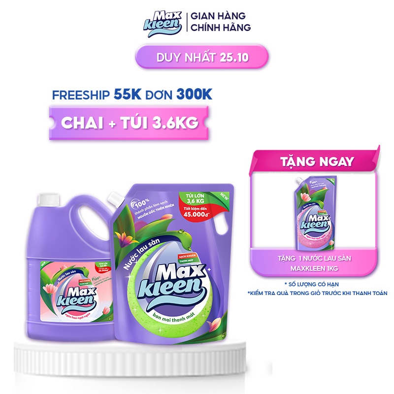 Combo Chai Lau Sàn MaxKleen Ngọt ngào 3.6kg + Túi Lau Sàn Ban mai 3.6kg